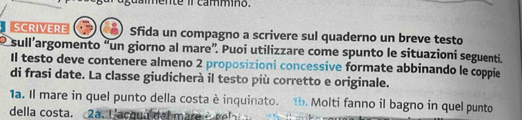 dammente il cammino. 
a SCRIVERE Sfida un compagno a scrivere sul quaderno un breve testo 
O sull’argomento “un giorno al mare”. Puoi utilizzare come spunto le situazioni seguenti. 
Il testo deve contenere almeno 2 proposizioni concessive formate abbinando le coppie 
di frasi date. La classe giudicherà il testo più corretto e originale. 
1a. Il mare in quel punto della costa è inquinato. 1b. Molti fanno il bagno in quel punto 
della costa. 2a. I'acqua del mare e reli