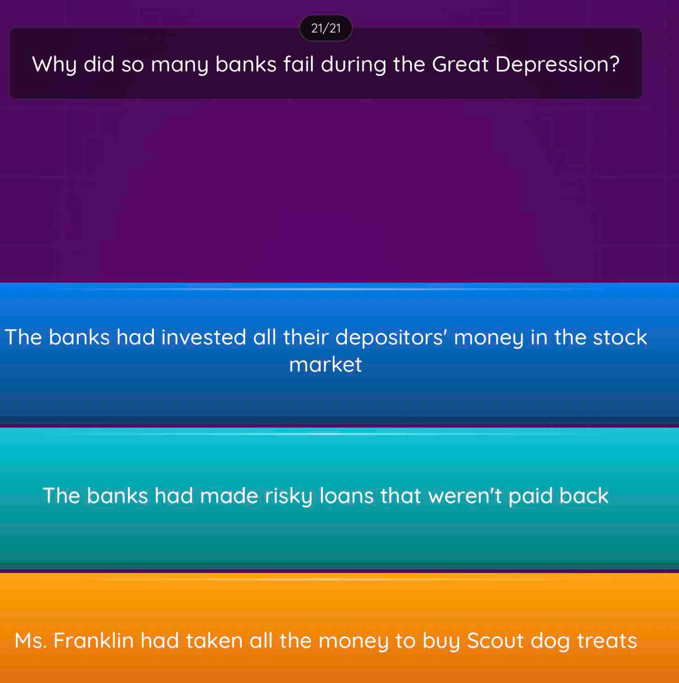 21/21
Why did so many banks fail during the Great Depression?
The banks had invested all their depositors' money in the stock
market
The banks had made risky loans that weren't paid back
Ms. Franklin had taken all the money to buy Scout dog treats