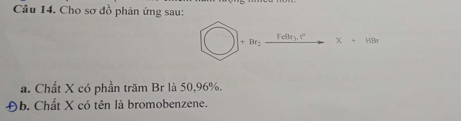 Cho sơ đồ phản ứng sau:
□ +Br_2xrightarrow FeBr_3.t°X+HBr
a. Chất X có phần trăm Br là 50, 96%. 
Đb. Chất X có tên là bromobenzene.
