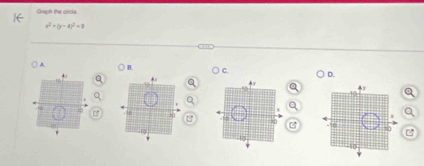 Graph the circle.
x^2+(y-4)^2=9
A. 
B. 
C. 
D.
x
20 B B