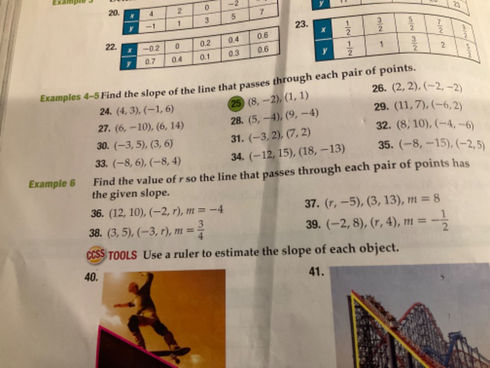 Exampre s
y
23
2
Examples 4-5 Find the slope of the line that passes through each pair of points. (2,2),(-2,-2) 26.
25 (8,-2),(1,1)
24. (4,3),(-1,6) 29. (11,7),(-6,2)
27. (6,-10),(6,14) 28. (5,-4),(9,-4)
32. (8,10),(-4,-6)
30. (-3,5),(3,6) 31. (-3,2),(7,2)
33. (-8,6),(-8,4) 34. (-12,15),(18,-13) 35. (-8,-15),(-2,5)
Example 6 Find the value of r so the line that passes through each pair of points has
the given slope.
37. (r,-5),(3,13),m=8
36. (12,10),(-2,r),m=-4
39.
38. (3,5),(-3,r),m= 3/4  (-2,8),(r,4),m=- 1/2 
CS$ TOOLS Use a ruler to estimate the slope of each object.
40.
41.