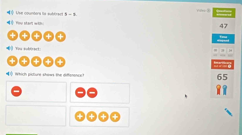 Video ⑥ Questions
Use counters to subtract 5-5. answered
You start with:
47
+(+)+(+ Time
elapsed
You subtract:
0 28 34
HDE
+)(+)+(+
SmartScore
out of 100 T
Which picture shows the difference?
65