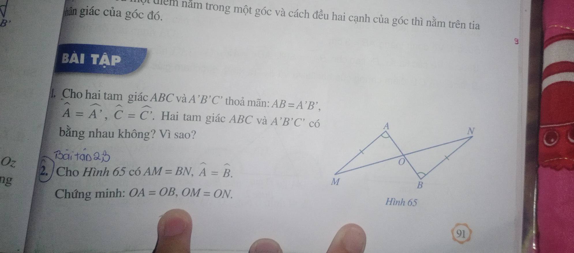 giân giác của góc đó. 
l uiểm nằm trong một góc và cách đều hai cạnh của góc thì nằm trên tia
B'
9 
Bài tập 
L Cho hai tam giác ABC và A'B'C' thoả mãn: AB=A'B',
widehat A=widehat A, widehat C=widehat C'. Hai tam giác ABC và A'B'C' có 
bằng nhau không? Vì sao? 
Oz 
2. / Cho Hình 65 có AM=BN, widehat A=widehat B. 
ng 
Chứng minh: OA=OB, OM=ON. 
Hình 65
91