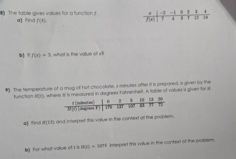 The table gives values for a function f. 
a) Find f(4).
b) lf f(x)=3 , what is the value of x?
9) The temperature of a mug of hot chocolate, r minutes after it is prepared, is given by the
function H(t) , whmeasured in degrees Fahrenheit. A table of values is given for H.
a) Find H(13) and interpret this value in the context of the problem.
b) For what value of t is H(t)=107? interpret this vallue in the context of the problem.