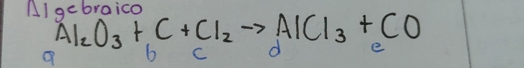 AI gebraico
Al_2O_3+C+Cl_2to AlCl_3+CO
Q
C
O
e