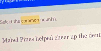 Select the common noun(s). 
Mabel Pines helped cheer up the dent