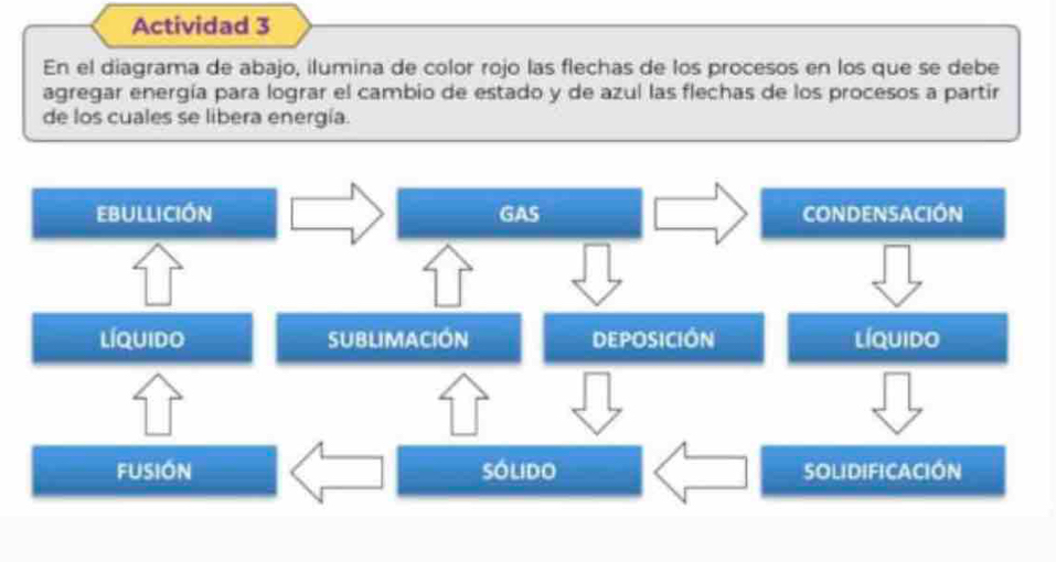 Actividad 3 
En el diagrama de abajo, ilumina de color rojo las flechas de los procesos en los que se debe 
agregar energía para lograr el cambio de estado y de azul las flechas de los procesos a partir 
de los cuales se libera energía. 
ebullición GAS CONDENSACIÓN 
líquido SUBLIMACIÓN DEPOSICIóN líquido 
FUSIóN SOlIdo SOLIDIFICACIÓN