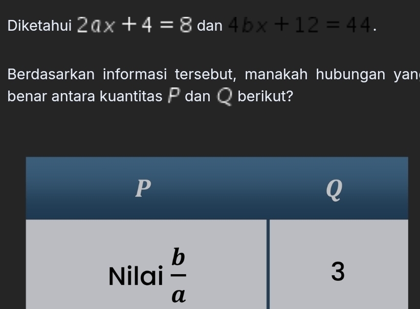 Diketahui 2ax+4=8 dan 4bx+12=44. 
Berdasarkan informasi tersebut, manakah hubungan yan 
benar antara kuantitas P dan Q berikut?
P
Nilai  b/a 
3