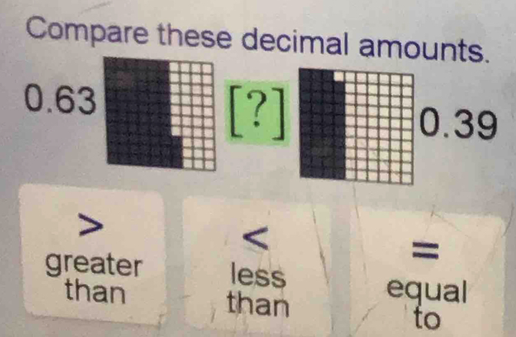 Compare these decimal amounts.
0.63
[?] 0.39
5
=
greater less 
than than 
equal 
to