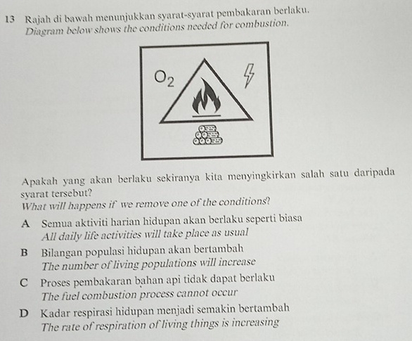 Rajah di bawah menunjukkan syarat-syarat pembakaran berlaku.
Diagram below shows the conditions needed for combustion.
Apakah yang akan berlaku sekiranya kita menyingkirkan salah satu daripada
syarat tersebut?
What will happens if we remove one of the conditions?
A Semua aktiviti harian hidupan akan berlaku seperti biasa
All daily life activities will take place as usual
B Bilangan populasi hidupan akan bertambah
The number of living populations will increase
C Proses pembakaran bahan api tidak dapat berlaku
The fuel combustion process cannot occur
D Kadar respirasi hidupan menjadi semakin bertambah
The rate of respiration of living things is increasing