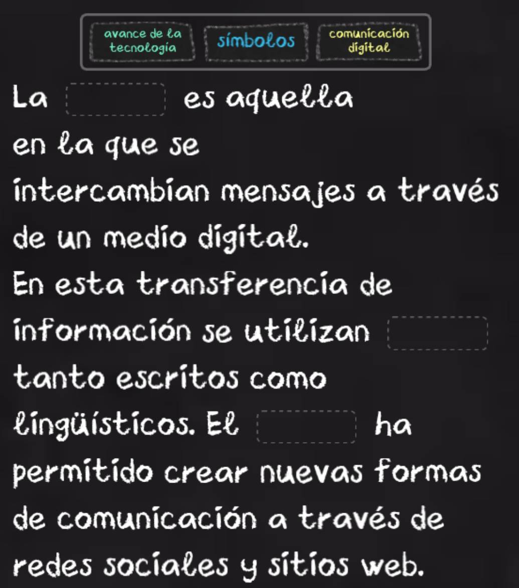 avance de la símbolos comunicación 
tecnologia digital 
La es aquella 
en la que se 
intercambian mensajes a través 
de un medio digital. 
En esta transferencía de 
información se utilizan 
tanto escritos como 
lingüísticos. El ha 
permitido crear nuevas formas 
de comunicación a través de 
redes sociales y sitios web.