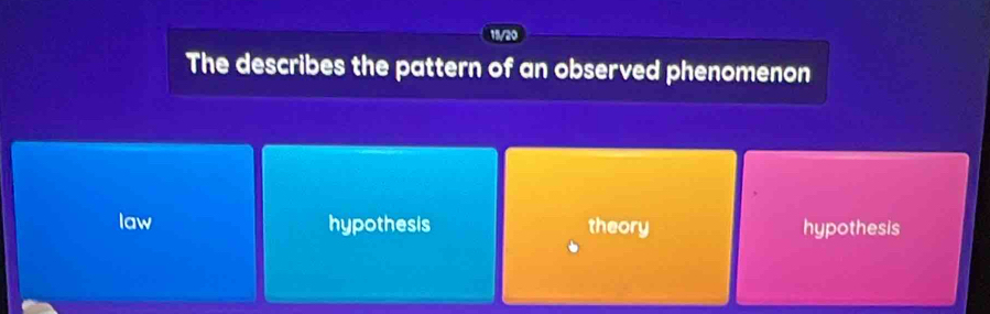 15/20
The describes the pattern of an observed phenomenon
law hypothesis theory hypothesis