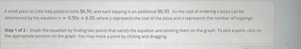 A small pizza at Little Italy pizzeria costs $6.50, and each topping is an additional $0.50. So the cost of ordering a pizza can be 
determined by the equation y=0.50x+6.50 , where y represents the cost of the pizza and x represents the number of toppings. 
Step 1 of 2 : Graph the equation by finding two points that satisfy the equation and plotting them on the graph. To plot a point, click on 
the appropriate position on the graph. You may move a point by clicking and dragging.