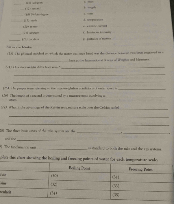 (16) kilogram a. mass
_(17) second b. length
_(18) Kelvin degree c. time
_(19) mole d. temperature
_(20) meter e. electric current
_(21) ampere f. luminous intensity
_(22) candela g. particles of matter
Fill in the blanks.
(23) The physical standard on which the meter was once based was the distance between two lines engraved in a
_kept at the International Bureau of Weights and Measures.
(24) How does weight differ from mass?_
_
_
(25) The proper term referring to the near-weightless conditions of outer space is_
(26) The length of a second is determined by a measurement involving a_
atom.
(27) What is the advantage of the Kelvin temperature scale over the Celsius scale?_
_
_
_
28) The three basic units of the mks system are the_
,
and the_
.
) The fundamental unit_ is standard to both the mks and the cgs systems.
aplete this chart showing the boiling and freezing points of water for each temperature scale.
l
Ís
re