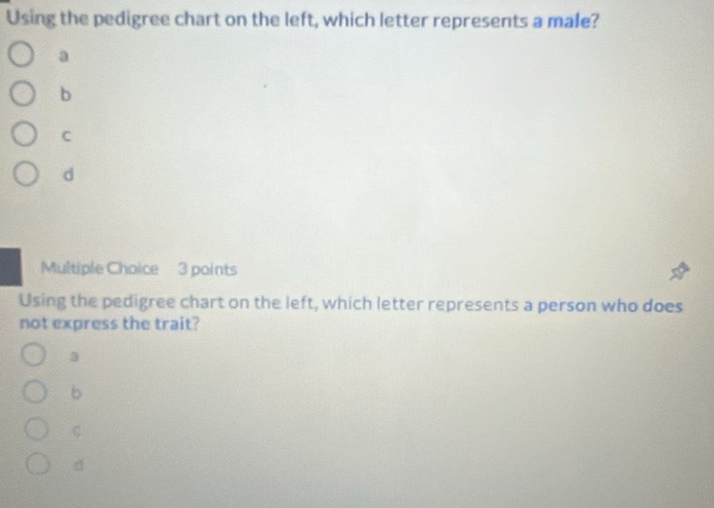 Using the pedigree chart on the left, which letter represents a male?
a
b
C
d
Multiple Choice 3 points
Using the pedigree chart on the left, which letter represents a person who does
not express the trait?
3
b
C
d