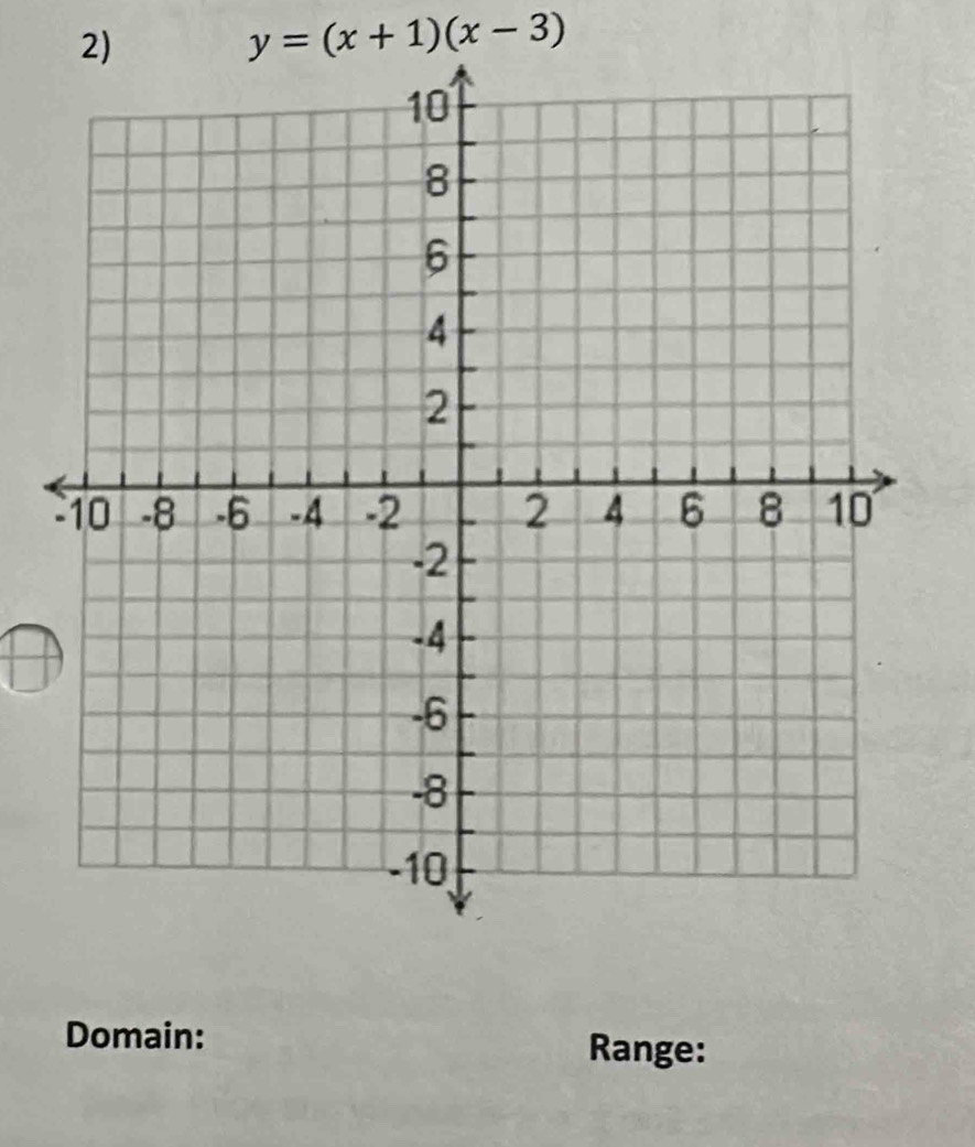 y=(x+1)(x-3)
Domain: 
Range: