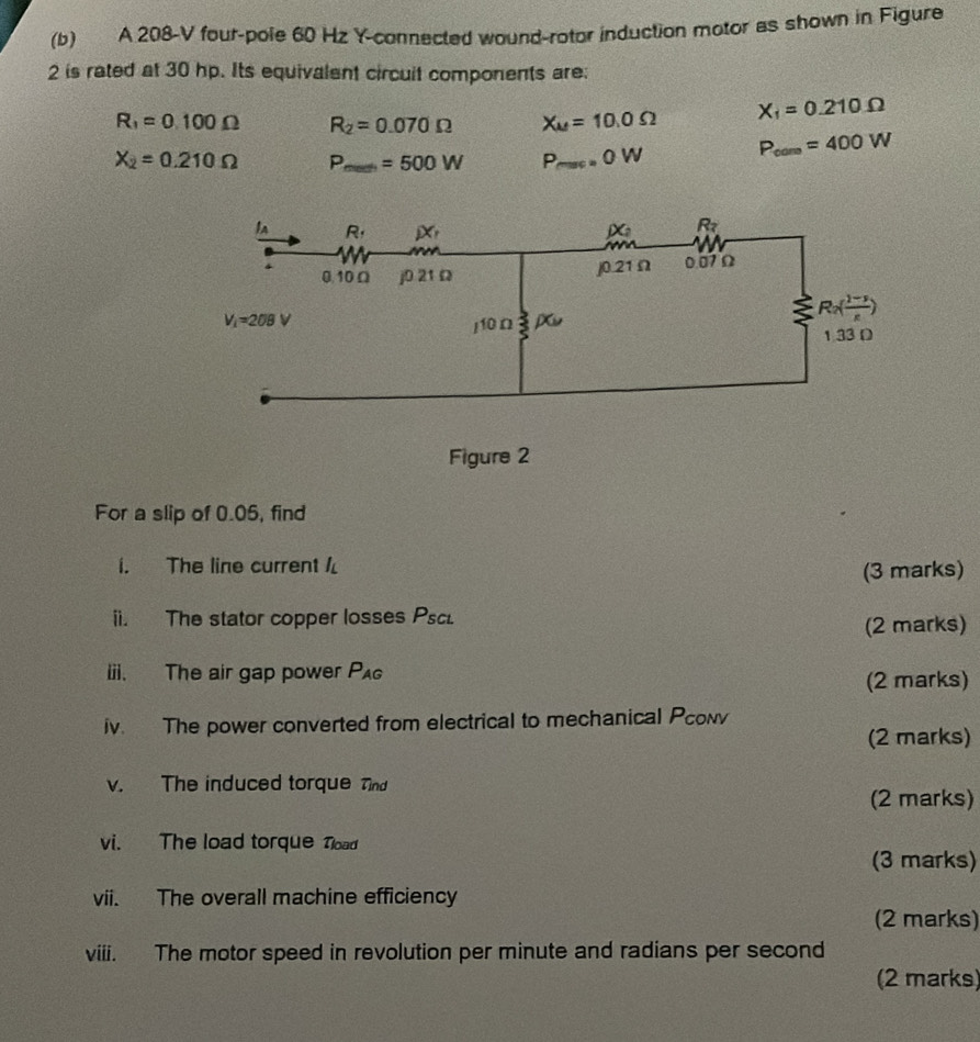 A 208-V four-pole 60 Hz Y-connected wound-rotor induction motor as shown in Figure
2 is rated at 30 hp. Its equivalent circuit components are:
R_1=0.100Omega R_2=0.070Omega X_M=10.0Omega X_1=0.210Omega
X_2=0.210Omega P_min=500W P_rmss=0W P_cam=400W
For a slip of 0.05, find
i. The line current /
(3 marks)
ii. The stator copper losses Psc.
(2 marks)
lii. The air gap power P_AG
(2 marks)
iv. The power converted from electrical to mechanical Pconv
(2 marks)
v. The induced torque Tind
(2 marks)
vi. The load torque Tload
(3 marks)
vii. The overall machine efficiency
(2 marks)
viii. The motor speed in revolution per minute and radians per second
(2 marks)