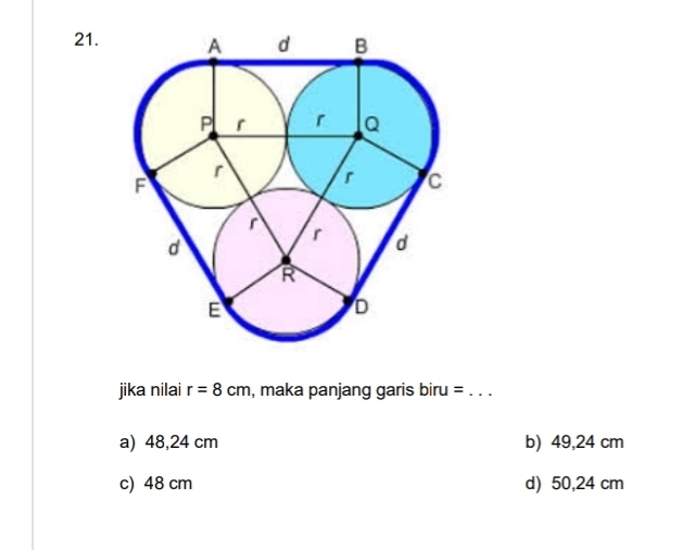 jika nilai r=8cm , maka panjang garis b ru : :_
a) 48,24 cm b) 49,24 cm
c) 48 cm d) 50,24 cm