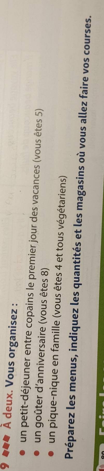 À deux. Vous organisez : 
un petit-déjeuner entre copains le premier jour des vacances (vous êtes 5) 
un goûter d'anniversaire (vous êtes 8) 
un pique-nique en famille (vous êtes 4 et tous végétariens) 
Préparez les menus, indiquez les quantités et les magasins où vous allez faire vos courses.