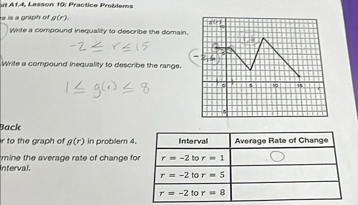 ait A1.4, Lesson 10: Practice Problems
e is a graph of g(r). 
Write a compound inequality to describe the domain.
Write a compound inequality to describe the range.
Back
r to the graph of g(r) in problem 4. Interval Average Rate of Change
mine the average rate of change for r=-2 to r=1
interval.
r=-2 to r=5
r=-2 to r=8