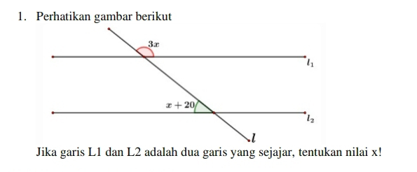 Perhatikan gambar berikut
Jika garis L1 dan L2 adalah dua garis yang sejajar, tentukan nilai x!