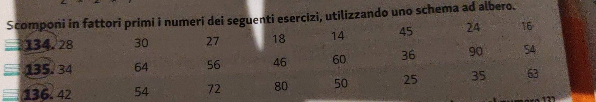 Scomponi in fattori primi i numeri dei seguenti esercizì, utilizzando uno schema ad albero.
24
16
134. 28 30 27
18
14
45
36
90
54
135. 34 64
56
46
60
50
25
35
63
136.42 54
72
80