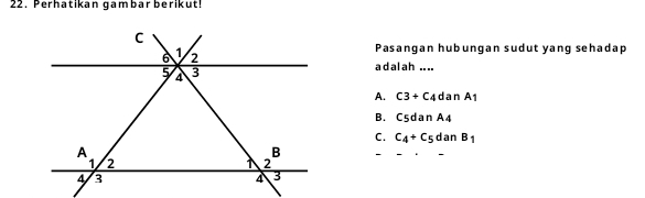 Perhatikan gambar berikut!
Pasangan hubungan sudut yang sehadap
adalah ....
A. C3+C4 d. nA_1
B. C5danA_4
C. C_4+C_5danB_1