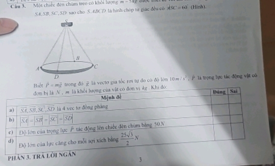 Một chiếc đên chùm treo có khỏi lượng m=5kg
SA.SB,SC,SD sao cho S.ABCD là hình chóp từ giác đều có ASC=60° (Hinh).
Biết overline P=moverline g trong đó vector x là vecto gia tốc rơi tự đo có độ lớn 10m/s^2 ,   là trọng lực tác động vật có
ó:
phản 3. trả 
3