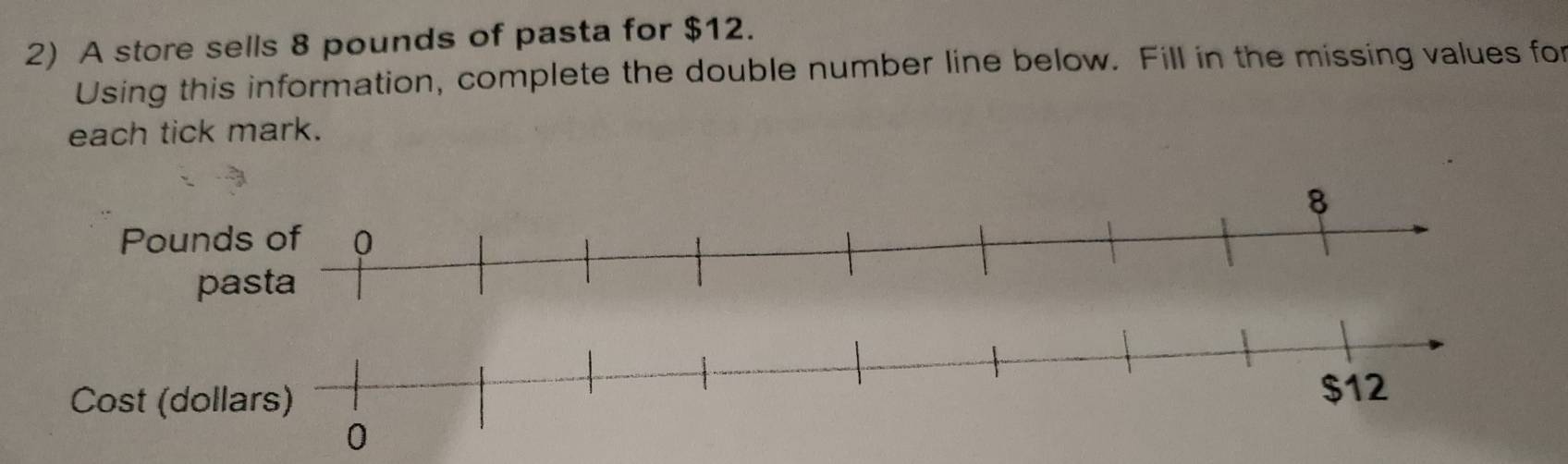 A store sells 8 pounds of pasta for $12. 
Using this information, complete the double number line below. Fill in the missing values for 
each tick mark.