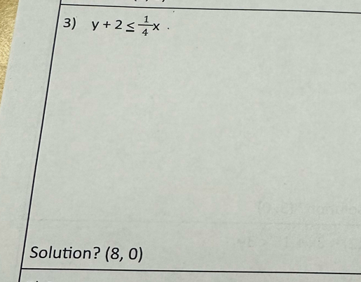 y+2≤  1/4 x. 
Solution? (8,0)