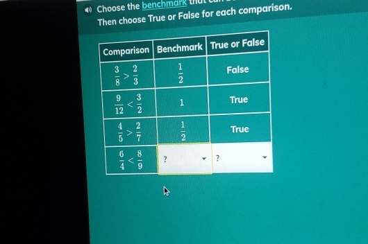 Choose the benchmark thatt
Then choose True or False for each comparison.