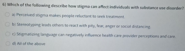 Which of the following describe how stigma can affect individuals with substance use disorder?
a) Perceived stigma makes people reluctant to seek treatment.
b) Stereotyping leads others to react with pity, fear, anger or social distancing.
c) Stigmatizing language can negatively influence health care provider perceptions and care.
d) All of the above