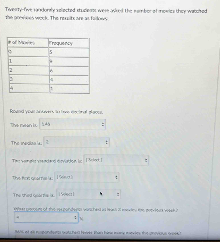 Twenty-five randomly selected students were asked the number of movies they watched 
the previous week. The results are as follows: 
Round your answers to two decimal places. 
The mean is: 1.48
The median is: 2
The sample standard deviation is: [ Select ] ; 
The first quartile is: [ Select ] ; 
The third quartile is: [ Select ] 
: 
What percent of the respondents watched at least 3 movies the previous week? 
; %
56% of all respondents watched fewer than how many movies the previous week?