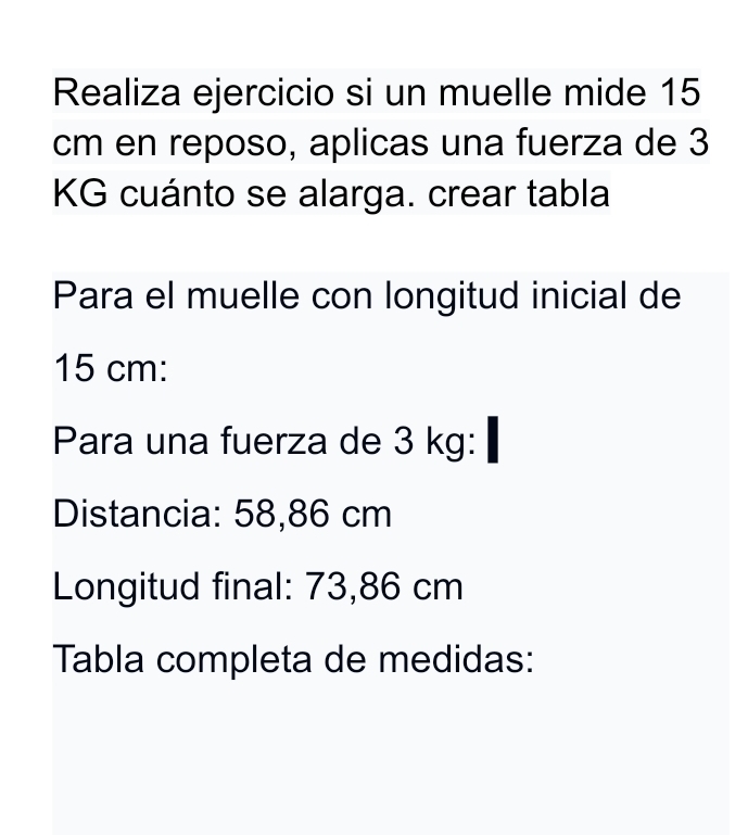 Realiza ejercicio si un muelle mide 15
cm en reposo, aplicas una fuerza de 3
KG cuánto se alarga. crear tabla 
Para el muelle con longitud inicial de
15 cm : 
Para una fuerza de 3 kg : 
Distancia: 58,86 cm
Longitud final: 73,86 cm
Tabla completa de medidas: