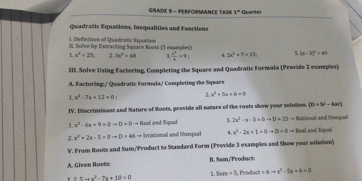 Solved: GRADE 9 - PERFORMANCE TASK 1^(st) Quarter Quadratic Equations ...