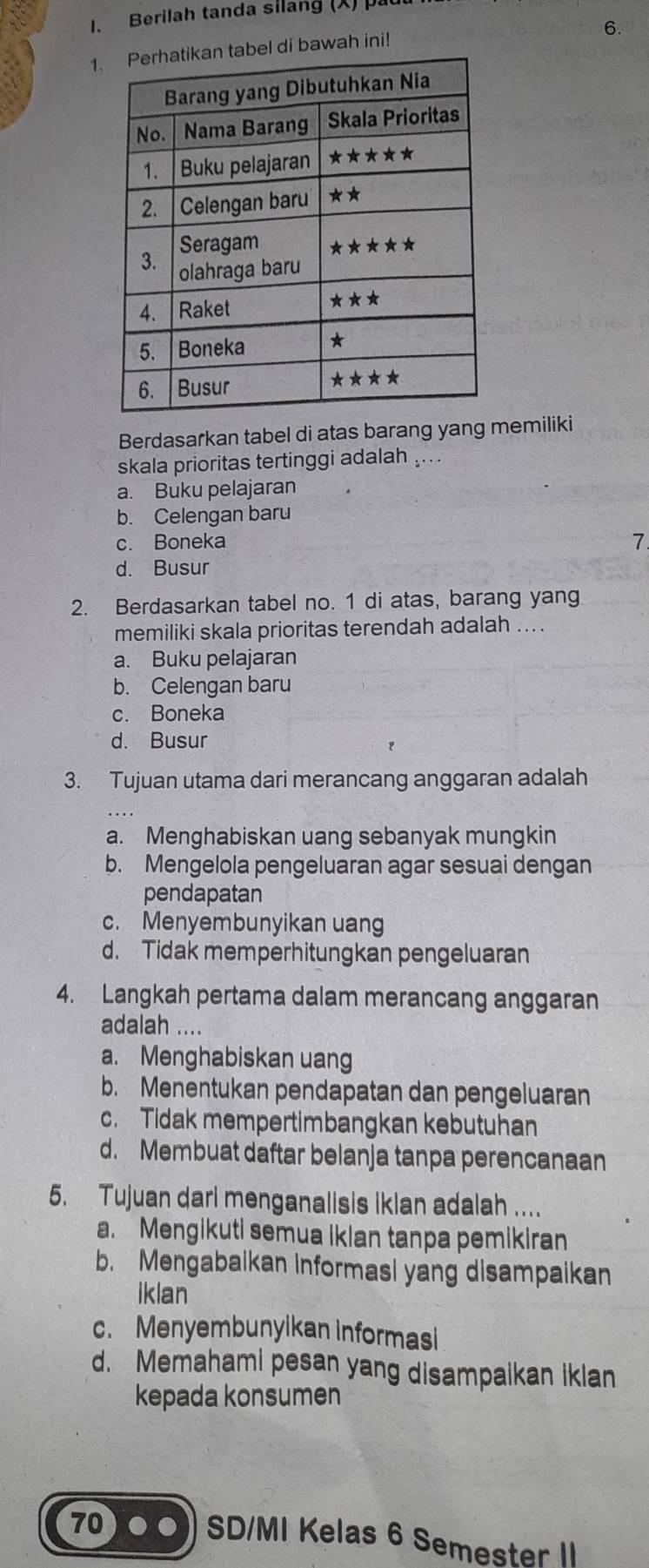 Berilah tanda silang (X) μ
6.
1l di bawah ini!
Berdasarkan tabel di atas barang yang memiliki
skala prioritas tertinggi adalah ...
a. Buku pelajaran
b. Celengan baru
c. Boneka 7
d. Busur
2. Berdasarkan tabel no. 1 di atas, barang yang
memiliki skala prioritas terendah adalah ... .
a. Buku pelajaran
b. Celengan baru
c. Boneka
d. Busur
3. Tujuan utama dari merancang anggaran adalah
a. Menghabiskan uang sebanyak mungkin
b. Mengelola pengeluaran agar sesuai dengan
pendapatan
c. Menyembunyikan uang
d. Tidak memperhitungkan pengeluaran
4. Langkah pertama dalam merancang anggaran
adalah ....
a. Menghabiskan uang
b. Menentukan pendapatan dan pengeluaran
c. Tidak mempertimbangkan kebutuhan
d. Membuat daftar belanja tanpa perencanaan
5. Tujuan dari menganalisis iklan adalah ....
a. Mengikuti semua ikian tanpa pemikiran
b. Mengabaikan informasi yang disampaikan
iklan
c. Menyembunyikan informasi
d. Memahami pesan yang disampaikan iklan
kepada konsumen
70)●0 SD/MI Kelas 6 Semester II