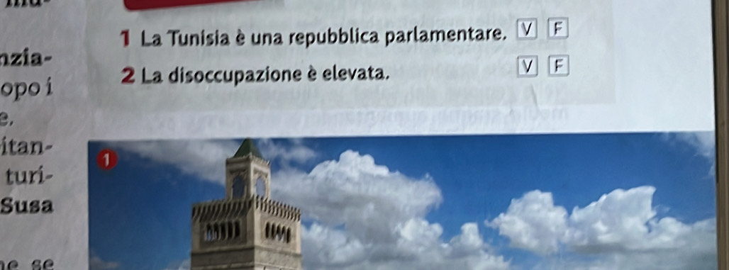 La Tunisia è una repubblica parlamentare. F 
nzia- 
opo i 2 La disoccupazione è elevata. F 
a. 
itan- 
turi- 
Susa