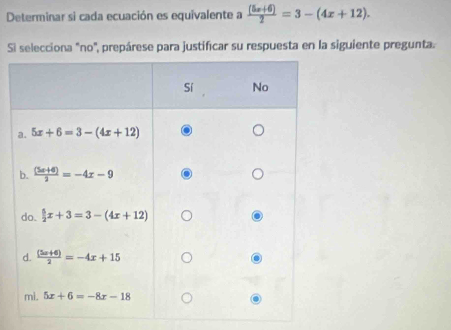 Determinar si cada ecuación es equivalente a  ((5x+6))/2 =3-(4x+12).
Si selecciona "no", prepárese para justificar su respuesta en la siguiente pregunta.