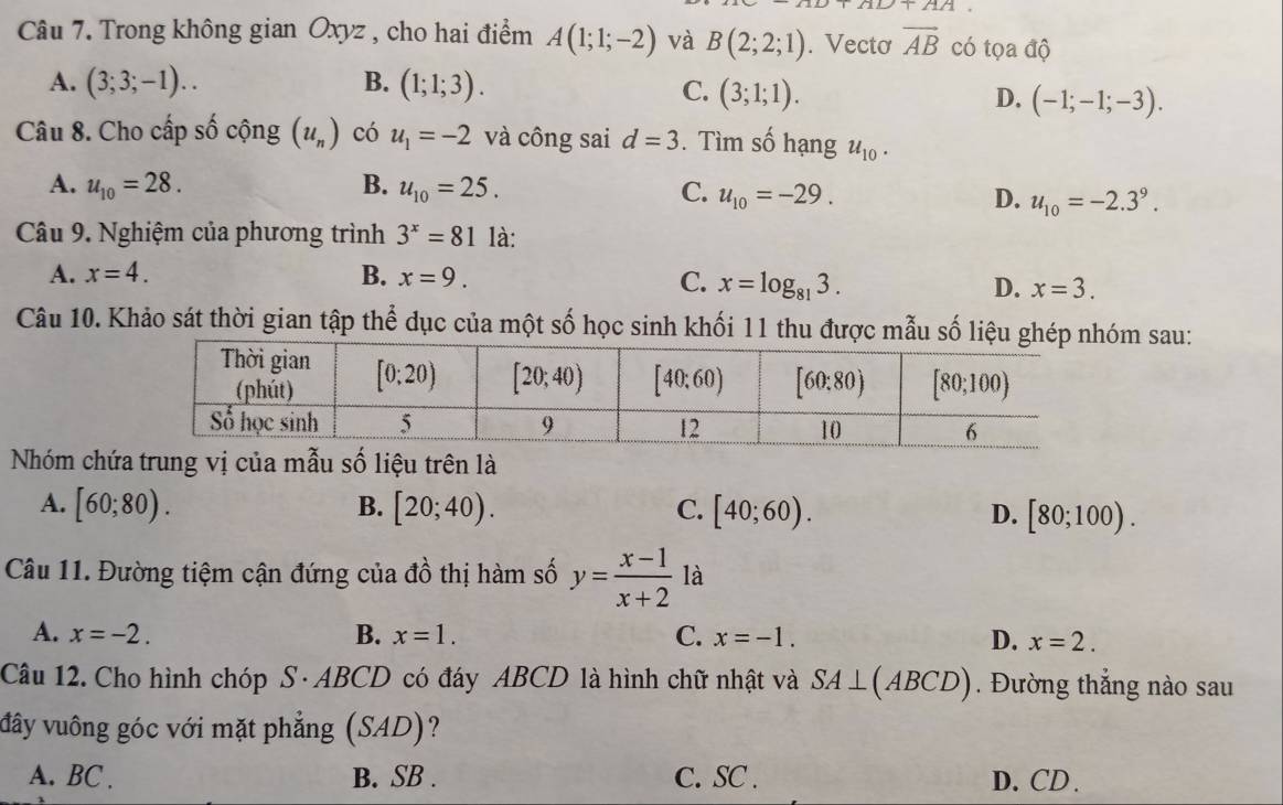 TAA
Câu 7. Trong không gian Oxyz , cho hai điểm A(1;1;-2) và B(2;2;1). Vectơ vector AB có tọa độ
A. (3;3;-1).. B. (1;1;3).
C. (3;1;1). D. (-1;-1;-3).
Câu 8. Cho cấp số cộng (u_n) có u_1=-2 và công sai d=3. Tìm số hạng u_10.
A. u_10=28. B. u_10=25. C. u_10=-29.
D. u_10=-2.3^9.
Câu 9. Nghiệm của phương trình 3^x=81 là:
A. x=4. B. x=9.
C. x=log _813. D. x=3.
Câu 10. Khảo sát thời gian tập thể dục của một số học sinh khối 11 thu được mẫu số liệu ghép nhóm sau:
Nhóm chứ
A. [60;80). B. [20;40). C. [40;60). D. [80;100).
là
Câu 11. Đường tiệm cận đứng của đồ thị hàm số y= (x-1)/x+2  1
A. x=-2. B. x=1. C. x=-1. D. x=2.
Câu 12. Cho hình chóp S ·ABCD có đáy ABCD là hình chữ nhật và SA⊥ (ABCD). Đường thắng nào sau
đây vuông góc với mặt phẳng (SAD) ?
A. BC . B. SB . C. SC . D. CD .