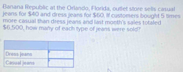 Banana Republic at the Orlando, Florida, outlet store sells casual 
jeans for $40 and dress jeans for $60. If customers bought 5 times 
more casual than dress jeans and last month's sales totaled
$6,500, how many of each type of jeans were sold?