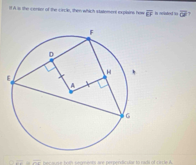 If A is the center of the circle, then which statement explains how overline EF is related to overline GF ?
overline FE≌ overline OC because both segments are perpendicular to radii of circle A.