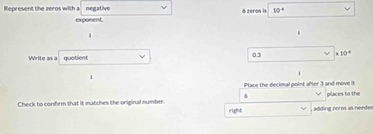 Represent the zeros with a negative 6 zeros is 10^(-4)
exponent.
1
1
Write as a quotient 0.3 * 10^(-6)
1
Place the decimal point after 3 and move it
6
Check to confrm that it matches the original number. places to the
right adding zeros as neede