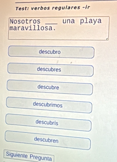 Test: verbos regulares -ir
Nosotros _una playa
maravillosa.
descubro
descubres
descubre
descubrimos
descubrís
descubren
Siguiente Pregunta