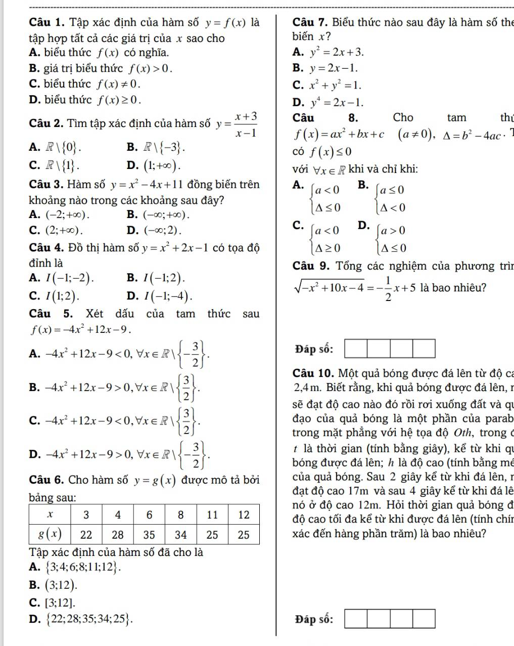 Tập xác định của hàm số y=f(x) là Câu 7. Biểu thức nào sau đây là hàm số the
tập hợp tất cả các giá trị của x sao cho biến x?
A. biểu thức f(x) có nghĩa. A. y^2=2x+3.
B. giá trị biểu thức f(x)>0. B. y=2x-1.
C. biểu thức f(x)!= 0. C. x^2+y^2=1.
D. biểu thức f(x)≥ 0. D. y^4=2x-1.
Câu 2. Tìm tập xác định của hàm số y= (x+3)/x-1  Câu 8. Cho tam thú
f(x)=ax^2+bx+c(a!= 0),△ =b^2-4ac·
A. R| 0 . B. R| -3 .
có f(x)≤ 0
C. R| 1 . D. (1;+∈fty ). với forall x∈ R khi và chỉ khi:
Câu 3. Hàm số y=x^2-4x+11 đồng biến trên A. beginarrayl a<0 △ ≤ 0endarray. B. beginarrayl a≤ 0 △ <0endarray.
khoảng nào trong các khoảng sau đây?
A. (-2;+∈fty ). B. (-∈fty ;+∈fty ).
C. (2;+∈fty ). D. (-∈fty ;2).
C. D.
Câu 4. Đồ thị hàm số y=x^2+2x-1 có tọa độ beginarrayl a<0 △ ≥ 0endarray. beginarrayl a>0 △ ≤ 0endarray.
đỉnh là Câu 9. Tổng các nghiệm của phương trìn
A. I(-1;-2). B. I(-1;2).
C. I(1;2). D. I(-1;-4).
sqrt(-x^2+10x-4)=- 1/2 x+5 là bao nhiêu?
Câu 5. Xét dấu của tam thức sau
f(x)=-4x^2+12x-9.
A. -4x^2+12x-9<0,forall x∈ R| - 3/2  .
Đáp số:
Câu 10. Một quả bóng được đá lên từ độ ca
B. -4x^2+12x-9>0,forall x∈ R|  3/2  . 2,4 m. Biết rằng, khi quả bóng được đá lên, r
sẽ đạt độ cao nào đó rồi rơi xuống đất và qu
C. -4x^2+12x-9<0,forall x∈ R|  3/2  . đạo của quả bóng là một phần của parab
trong mặt phẳng với hệ tọa độ Oth, trong ở
D. -4x^2+12x-9>0,forall x∈ R| - 3/2  .
# là thời gian (tính bằng giây), kể từ khi qu
bóng được đá lên; h là độ cao (tính bằng mê
Câu 6. Cho hàm số y=g(x) được mô tả bởi của quả bóng. Sau 2 giây kể từ khi đá lên, r
đạt độ cao 17m và sau 4 giây kể từ khi đá lê
nó ở độ cao 12m. Hỏi thời gian quả bóng đ
độ cao tối đa kể từ khi được đá lên (tính chín
xác đến hàng phần trăm) là bao nhiêu?
Tập xác định của hàm số đã cho là
A.  3;4;6;8;11;12 .
B. (3;12).
C. [3;12].
D.  22;28;35;34;25 . Đáp số: □ □ □