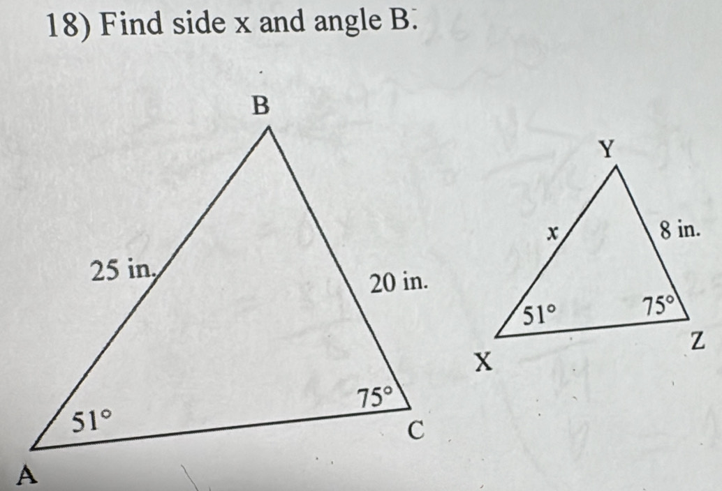 Find side x and angle B.