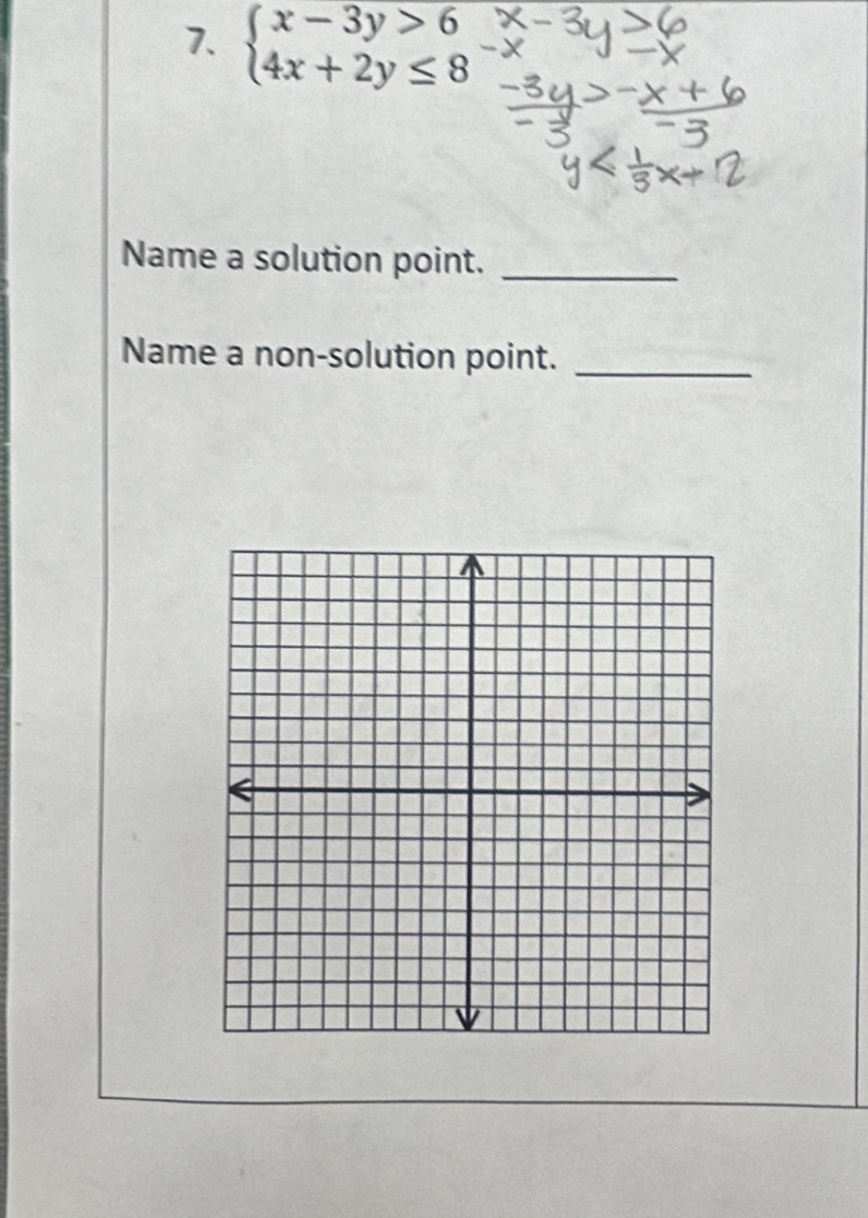 beginarrayl x-3y>6 4x+2y≤ 8endarray.
Name a solution point._ 
Name a non-solution point._