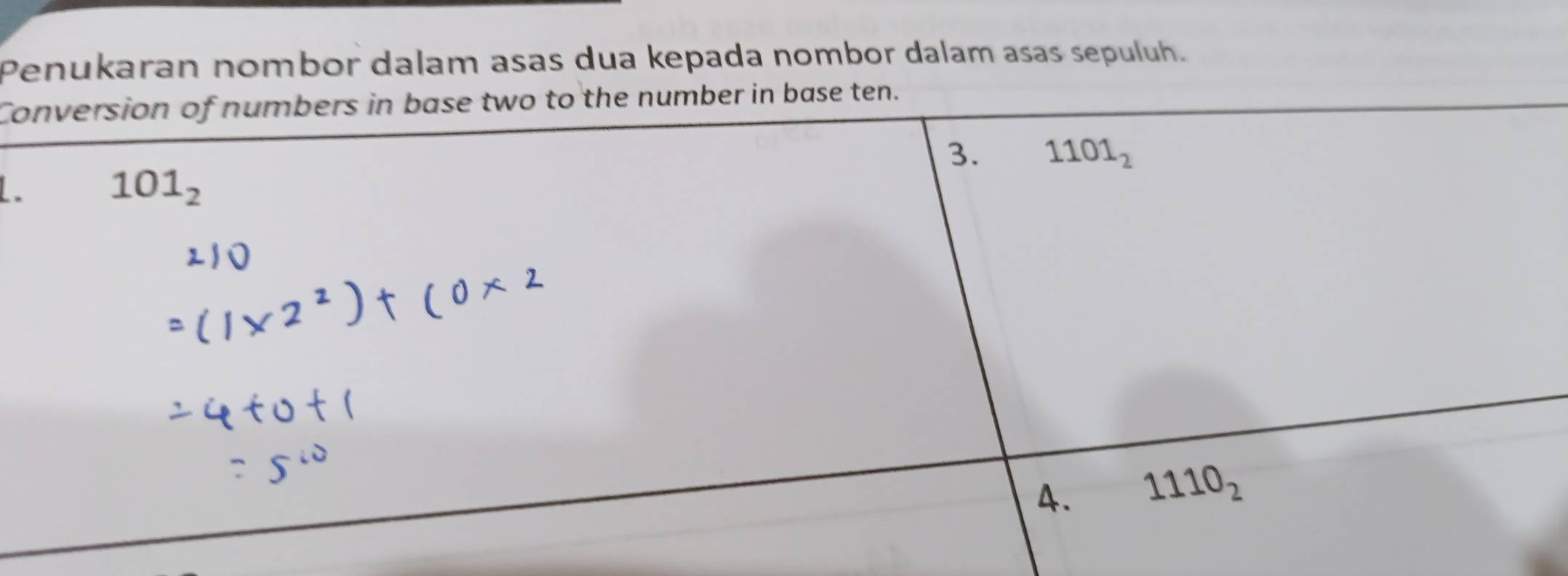 Penukaran nombor dalam asas dua kepada nombor dalam asas sepuluh.
C base ten.
.