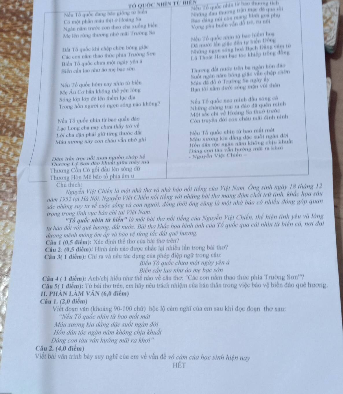 Tô quốc nhìn từ biên
Nếu Tổ quốc đang bão giống từ biển Nếu Tổ quốc nhìn từ bao thương tích
Có một phần máu thịt ở Hoàng Sa Những đầu thương trận mạc đã qua rồi
Ngân năm trước con theo cha xuống biển Bao đâng núi còn mang hình goá phụ
Mẹ lên rừng thương nhớ mãi Trường Sa Vọng phụ buôn vẫn đỗ trẻ, ru nội
Nếu Tổ quốc nhin từ bao hiệm hoạa
Dã mười lần giặc đến tự biến Đông
Đất Tổ quốc khi chập chờn bóng giặc
Các con nằm thao thức phía Trường Sơn Những ngọn sóng hoá Bạch Đằng sâm tử
Biển Tổ quốc chưa một ngày yên á Lũ Thoái Hoan bạc tóc khiếp trống đồng
Biển cần lao như áo mẹ bạc sờn
Thương đất nước trên ba ngân hôn đảo
Nếu Tổ quốc hôm nay nhìn tứ biển Suốt ngân năm bóng giặc vẫn chập chờn
Máu đã đồ ở Trường Sa ngày ấy
Mẹ Âu Cơ hán không thể yên lòng
Bạn tôi nằm đưới sóng mận với thân
Sóng lớp lớp đè lên thêm lục địa
Trong hồn người có ngọn sóng nào không? Nu Tổ quốc neo minh đầu sóng cả
Những châng trai ra đảo đã quên mình
Nếu Tổ quốc nhìn từ bao quần đảo Một sắc chi về Hoàng Sa thuớ trước
Lạc Long cha nay chưa thấy trở về Côn truyền đời con cháu mãi đinh ninh
Lời cha dặn phái giữ từng thước đất ếu Tổ quốc nhin từ bao mật mát
Mu xương này con cháu vẫn nhớ ghí Máu xương kia dẳng đặc suốt ngân đời
Hồn dân tộc ngân năm không chịu khuất
Dáng con tâu vẫn hướng mãi ra khơi
Đêm trần trọc nỗi mưa nguồn chớp bể - Nguyễn Việt Chiến 
Thương Lý Sơn đảo khuất giữa mây mù
Thương Cồn Có gối đầu lên sóng dữ
Thương Hòn Mê bão tố phía âm u
Chú thích:
Nguyễn Việt Chiến là một nhà thơ và nhà báo nổi tiếng của Việt Nam. Ông sinh ngày 18 tháng 12
năm 1952 tại Hà Nội. Nguyễn Việt Chiến nổi tiếng với những bài thơ mang đậm chất trữ tình, khắc họa sâu
sắc những suy tư về cuộc sống và con người, đồng thời ông cũng là một nhà báo có nhiều đóng góp quan
trọng trong lĩnh vực báo chỉ tại Việt Nam.
"Tổ quốc nhìn từ biển" là một bài thơ nổi tiếng của Nguyễn Việt Chiến, thể hiện tình yêu và lông
tự hào đối với quê hương, đất nước. Bài thơ khắc họa hình ánh của Tổ quốc qua cái nhìn từ biến cá, nơi đại
dương mênh mông ôm ấp và báo vệ từng tắc đất quê hương,
Câu 1 (0,5 điểm): Xác định thể thơ của bài thơ trên?
Câu 2: (0,5 điểm): Hình ảnh nào được nhấc lại nhiều lần trong bài thơ?
Câu 3( 1 điểm): Chỉ ra và nêu tác dụng của phép điệp ngữ trong câu:
Biến Tổ quốc chưa một ngày yên á
Biến cần lạo như áo mẹ bạc sởn
Câu 4 ( 1 điểm): Anh/chị hiểu như thể nào về câu thơ: "Các con năm thao thức phía Trường Sơn''?
Câu 5( 1 điểm): Từ bài thơ trên, em hãy nêu trách nhiệm của bản thân trong việc bảo vệ biển đảo quê hương.
II. PHÀN LÀM VĂN (6,0 điểm)
Câu 1. (2,0 điểm)
Viết đoạn văn (khoảng 90-100 chữ) bộc lộ cảm nghĩ của em sau khi đọc đoạn thơ sau:
'Nếu Tổ quốc nhìn từ bao mất mát
Máu xương kia dẳng đặc suốt ngàn đời
Hồn dân tộc ngàn năm không chịu khuất
Dảng con tàu vẫn hướng mãi ra khơi''
Câu 2. (4,0 điểm)
Viết bài văn trình bảy suy nghĩ của em về vấn đề vô cụm của học sinh hiện nay
HÊT