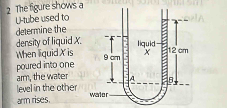 The figure shows a 
U-tube used to 
determine the 
density of liquid X. 
When liquidX is 
poured into one 
arm, the water 
level in the other 
arm rises.