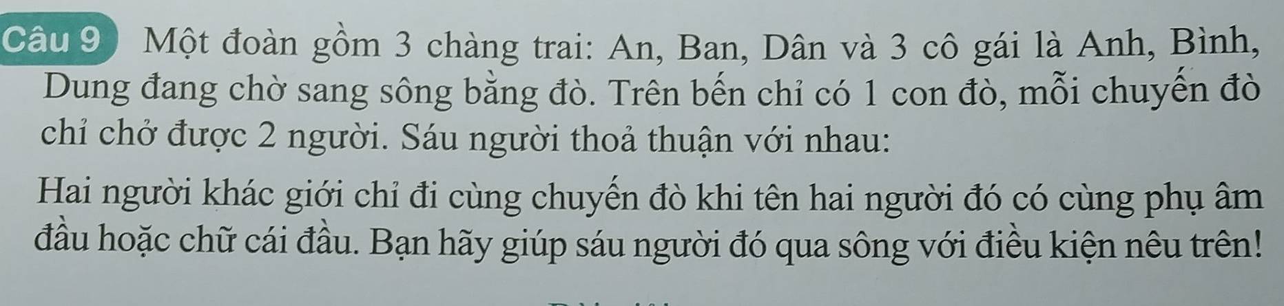 Câu 9) Một đoàn gồm 3 chàng trai: An, Ban, Dân và 3 cô gái là Anh, Bình, 
Dung đang chờ sang sông bằng đò. Trên bến chỉ có 1 con đò, mỗi chuyến đò 
chỉ chở được 2 người. Sáu người thoả thuận với nhau: 
Hai người khác giới chỉ đi cùng chuyển đò khi tên hai người đó có cùng phụ âm 
đầu hoặc chữ cái đầu. Bạn hãy giúp sáu người đó qua sông với điều kiện nêu trên!